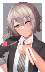  1girl 45sensei absurdres black_jacket black_nails black_necktie blush border collared_shirt commentary crossed_bangs diagonal-striped_clothes diagonal-striped_necktie english_commentary film_grain girls'_frontline_2:_exilium girls_frontline grey_background grey_hair hair_between_eyes heart highres jacket leva_(girls'_frontline_2) looking_at_viewer medium_hair nail_polish necktie official_alternate_costume official_alternate_hairstyle one_eye_closed open_clothes open_jacket outside_border parted_lips pointing pointing_at_viewer scar scar_across_eye scar_on_face shirt sidelocks simple_background solo sound_effects striped_clothes textless_version twitter_username ump45_(girls'_frontline) upper_body white_border white_shirt yellow_necktie 
