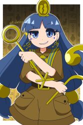  1girl belt blue_eyes blue_hair blunt_bangs border collared_shirt commentary_request earrings facial_mark grin headpiece hieroglyphics highres holding holding_staff jewelry key_earrings long_hair michigami_nareko multi-tied_hair outline outside_border parted_bangs pocket rizleting shirt short_sleeves shorts smile solo staff touhou triangle triangle_facial_mark uneven_eyes very_long_hair white_border white_outline 