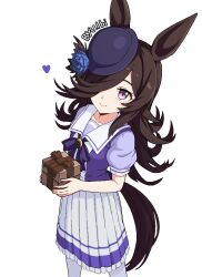  1girl animal_ears black_hair black_hat black_tail blue_flower blue_rose bow bowtie box closed_mouth english_commentary flipped_hair flower formicid gift gift_box hair_over_one_eye hat hat_flower highres holding holding_gift horse_ears horse_girl horse_tail horseshoe_ornament looking_at_viewer pleated_skirt purple_bow purple_bowtie purple_shirt rice_shower_(umamusume) rose sailor_collar sailor_shirt school_uniform shirt simple_background skirt smile solo tail tilted_headwear tracen_school_uniform umamusume white_background white_sailor_collar white_shirt white_skirt 
