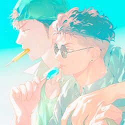  2boys aqua_hat artist_name backwards_hat baseball_cap brown_hair commentary_request earrings eating food food_in_mouth from_side gradient_background hand_on_another's_shoulder hat holding holding_food holding_popsicle jewelry looking_ahead mitsui_hisashi miyagi_ryouta multiple_boys pastel_colors popsicle popsicle_in_mouth short_hair simple_background slam_dunk_(series) sunglasses sweat undercut untabunta upper_body 