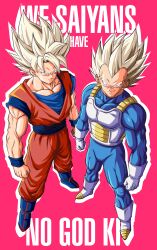  2boys absurdres armor art_jake blonde_hair blue_bodysuit blue_boots blue_sash blue_shirt blue_wrist_cuffs bodysuit boots clenched_hands closed_mouth commentary dougi dragon_ball dragon_ball_super english_commentary english_text full_body gloves green_eyes highres male_focus medium_hair multiple_boys muscular muscular_male orange_pants orange_shirt pants pink_background saiyan_armor sash shirt simple_background smirk son_goku spiky_hair standing super_saiyan super_saiyan_1 vegeta white_armor white_boots white_gloves wrist_cuffs 