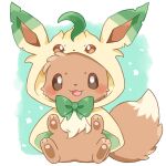  :3 blush_stickers bow brown_eyes capelet clothed_pokemon cosplay eevee full_body green_bow hands_up highres hood hooded_capelet kana_(maple926) leafeon leafeon_(cosplay) open_mouth pokemon pokemon_(creature) sitting smile solo 