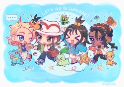  >_< ... 2boys 2girls :3 :d :o :| ahoge arm_up bangs_pinned_back beads belt black_hair black_pants black_sleeves blonde_hair blue_background blue_eyes blue_jacket blue_shirt blue_shoes blush_stickers brown_eyes brown_hair brown_jacket chibi chikorita closed_mouth colored_tips curtained_hair dark_skin denim dreadlocks earrings eggslads english_text eyelashes gold_earrings green_jacket green_necktie hair_beads hair_ornament hair_slicked_back hand_grab hand_in_pocket harmony_(pokemon) hat highres holding holding_phone jacket jeans jewelry leg_warmers leggings lida_(pokemon) long_hair long_sleeves looking_at_another looking_at_phone loose_hair_strand medium_hair mega_evolution_symbol multicolored_hair multiple_boys multiple_girls naveen_(pokemon) necktie notice_lines one_eye_closed orange_sweater_vest pants phone pink_hair pink_shoes pointing poke_ball_print poke_ball_symbol pokemon pokemon_(creature) pokemon_legends:_z-a ponytail puffy_long_sleeves puffy_sleeves purple_shoes raglan_sleeves red_belt rotom rotom_phone scraggy shirt shoes single_earring smile sneakers socks sparkle speech_bubble star_(symbol) staryu sweater_vest swept_bangs tepig thick_eyebrows totodile trilby urbain_(pokemon) v-shaped_eyebrows very_dark_skin violet_eyes walking white_hat white_jacket white_leg_warmers white_leggings white_pants white_shirt white_shoes white_socks white_trim wispy_bangs x3 xd zygarde zygarde_core 