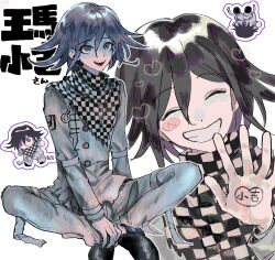  1boy arm_belt black_hair blush_stickers buttons checkered_clothes checkered_scarf chibi closed_eyes commentary crossed_ankles danganronpa_(series) danganronpa_v3:_killing_harmony flipped_hair grin hair_between_eyes hand_up heart highres long_sleeves looking_at_viewer male_focus medium_hair multicolored_buttons oma_kokichi open_mouth outline pale_skin pants pitta_(oshirinokeeeee) purple_hair scarf simple_background sitting smile solo straitjacket teeth thigh_strap translation_request two-tone_scarf violet_eyes white_background 