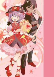  2girls absurdres adapted_costume alternate_costume black_jacket black_necktie black_pants blush bow bowtie choker dated dress dual_wielding evil_grin evil_smile full_body grey_horns grin highres holding holding_mallet holding_needle horns jacket kijin_seija looking_at_viewer magical_girl mallet miracle_mallet multicolored_hair multiple_girls necktie needle needle_sword nengo one_eye_closed open_mouth pants platform_shoes puffy_short_sleeves puffy_sleeves purple_hair red_bow red_bowtie red_choker red_dress red_hair red_shirt red_shoes shirt shoes short_hair short_sleeves small_horns smile streaked_hair sukuna_shinmyoumaru teeth touhou twitter_username upper_teeth_only white_hair wrist_cuffs 