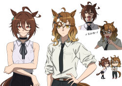2girls agnes_tachyon_(umamusume) ahoge amai_(frfs5423) animal_ears black_choker black_necktie black_ribbon braid brown_eyes brown_hair chainsaw_man chemical_structure choker collared_shirt cosplay denji_(chainsaw_man) denji_(chainsaw_man)_(cosplay) ear_tag full_body gradient_hair hair_ornament highres horse_ears horse_girl horse_tail jungle_pocket_(umamusume) medium_hair multicolored_hair multiple_girls multiple_views necktie red_eyes reze_(chainsaw_man) reze_(chainsaw_man)_(cosplay) ribbon shirt simple_background sleeveless sleeveless_shirt sleeves_rolled_up tail umamusume upper_body white_background white_shirt