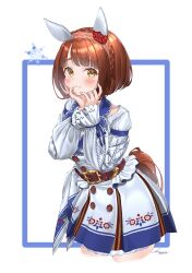  1girl absurdres animal_ears belt belt_buckle blue_ribbon blush bob_cut braid brown_belt brown_eyes brown_hair brown_hairband brown_tail buckle closed_mouth commentary_request crown_braid dress ear_covers ear_ornament hairband highres horse_ears horse_girl horse_tail long_sleeves looking_at_viewer puffy_long_sleeves puffy_sleeves ribbon sagoromo_04 short_hair simple_background snowflake_print solo tail umamusume white_background white_dress yukino_bijin_(cute_sweet_flower_of_mutsu)_(umamusume) yukino_bijin_(umamusume) 
