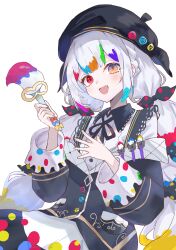  1girl :d artist_painter beret black_jacket black_skirt bow collared_shirt commentary_request cowboy_shot hands_up hat heterochromia highres hiiragi_yoko holding holding_paintbrush jacket jogasaki_noah long_hair long_sleeves looking_at_viewer mahou_shoujo_no_majo_saiban multi-tied_hair multicolored_hair neck_ribbon off_shoulder open_mouth paintbrush polka_dot polka_dot_bow red_eyes ribbon shirt skirt smile solo streaked_hair white_background white_hair white_shirt yellow_eyes 