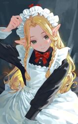  1girl absurdres apron artist_name black_dress blonde_hair braid closed_mouth commentary dress dungeon_meshi elf elfe_art english_commentary enmaided green_eyes highres long_hair maid maid_headdress marcille_donato pointy_ears solo twin_braids white_apron 