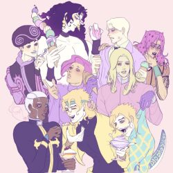  afro aqua_sweater argyle_clothes argyle_gloves argyle_sweater battle_tendency black_vest cassock coat collared_shirt cross cross_print curly_hair diamond_wa_kudakenai diavolo diego_brando english_commentary enrico_pucci fishnet_top fishnets funny_valentine highres jojo_no_kimyou_na_bouken jojolion kira_yoshikage leomii_quinn pink_coat purple_sweater scary_monsters_(stand) shirt spotted_hair stand_(jojo) stardust_crusaders steel_ball_run stone_ocean sweater topless_male toru_(jojolion) vento_aureo vest vinegar_doppio wristband 