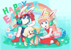  1boy 2girls ahoge android animal_ear_hairband animal_ears ankle_boots artist_request bare_arms bare_shoulders baseball_cap belt black_belt black_hair black_shirt blonde_hair blue_background blue_eyes boots brown_boots brown_eyes cave_story collarbone colored_skin commentary crop_top crop_top_overhang dot_nose easter easter_egg egg english_commentary english_text fake_animal_ears floppy_ears flower furry furry_female gloves grass green_ribbon green_scarf green_vest hair_between_eyes hair_flower hair_ornament hairband hand_on_ground happy_easter hat highres joints legs_apart long_hair metal_skin midriff mimiga multiple_girls no_nose official_art open_mouth padded_vest pants pocket quote_(cave_story) rabbit_ear_hairband rabbit_ears rainbow red_gloves red_hat red_pants red_tank_top ribbon robot_ears robot_joints scarf second-party_source shirt short_hair short_tail sidelocks simple_background sitting sleeveless sleeveless_shirt smile standing tail tank_top toroko upturned_eyes vest wariza white_flower white_fur white_hairband white_skin white_tail yellow_belt 