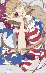  1girl absurdres american_flag american_flag_legwear american_flag_print american_flag_shirt blonde_hair clownpiece commentary flag_print hat highres jester_cap long_hair looking_at_viewer neck_ruff ok_sign ok_sign_over_eye one_eye_closed pink_eyes pink_hat polka_dot print_shirt romaji_commentary shimiya_jin shirt short_sleeves smile solo star_(symbol) touhou 