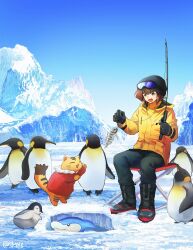  2boys beanie bird black_gloves black_hat black_pants brown_eyes brown_hair cat chair fishing fishing_rod gloves goggles goggles_on_head group_picture hat highres ice jacket multiple_boys neo-spacian_aqua_dolphin pants penguin pharaoh_(cat) sitting sk816 twitter_username yellow_jacket yu-gi-oh! yu-gi-oh!_gx yuki_judai 