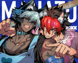  2boys alternate_skin_color animal_ear_fluff animal_ear_piercing animal_ears apron black_hair black_shirt blue_apron blue_background blue_eyes broad_shoulders collarbone commentary copyright_name crew_neck dark-skinned_male dark_skin earrings eye_contact grey_hair hair_between_eyes highres holding holding_polearm holding_weapon jewelry komano_manato komano_manato_(white_heart_silhouette) looking_at_another looking_to_the_side male_focus max801115 multicolored_hair multiple_boys open_mouth piercing pink_apron pointing polearm red_eyes red_hair scar scar_on_arm scar_on_cheek scar_on_chest scar_on_face shirt short_hair short_sleeves sideways_glance symbol-only_commentary teeth two-tone_hair watermark weapon white_shirt wolf_boy wolf_ears zenless_zone_zero 