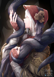  1girl 1other absurdres ascot black_hat bloodborne bonnet cloak closed_eyes coat doll_joints fingerless_gloves gloves hat hat_ornament highres hunter_(bloodborne) hunter_(great_one)_(bloodborne) joints kiss medium_hair pin.s plain_doll red_ascot red_bonnet tagme tentacles white_hair 