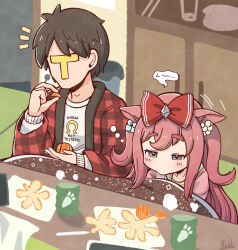  1boy 1girl agnes_digital_(umamusume) animal_ears black_hair blue_eyes blush bow clothes_writing commentary_request cup food fruit hair_bow haori highres horse_ears horse_girl horseshoe_print indoors japanese_clothes kotatsu long_hair long_sleeves mandarin_orange notice_lines orange_peel pink_hair pink_shirt print_sweater rakugakiraid red_bow shirt short_hair signature sitting speech_bubble squeans sweater t-head_trainer_(umamusume) table trainer_(umamusume) two_side_up umamusume upper_body white_sweater yurie_mouth 