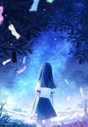  1girl amenomori_howa arms_at_sides artist_name black_hair black_skirt blue_sky blurry blurry_foreground branch clouds commentary_request cowboy_shot depth_of_field facing_away from_behind hair_ornament highres holding holding_omikuji long_hair milky_way night omikuji original outdoors pleated_skirt sailor_collar scenery school_uniform serafuku shirt shooting_star short_sleeves skirt sky sky_focus solo standing star_(sky) star_(symbol) star_hair_ornament starry_sky straight_hair summer_uniform white_shirt 