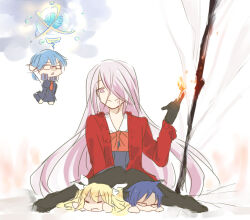  201_(yield) alternate_costume arimura_hinae black_gloves chaos;child chest_bow chibi commentary_request crushing evil_smile fire gloves haida_riko kazuki_hana miyashiro_takuru pantyhose pink_eyes pink_hair pyrokinesis sailor_collar science_adventure smile smug tagme 