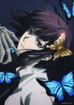  1girl black_necktie blue_background blue_butterfly blurry bob_cut bug bungou_stray_dogs butterfly butterfly_hair_ornament cioccolatodorima collared_shirt commentary depth_of_field english_commentary expressionless from_side hair_between_eyes hair_ornament hairclip hand_on_another&#039;s_chin head_back highres inverted_bob lips looking_at_viewer looking_to_the_side necktie official_style purple_hair shirt short_hair simple_background skeletal_hand solo upper_body violet_eyes white_shirt yosano_akiko 
