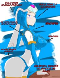  1girl android armor ass bikini_armor blue_armor blue_eyes blue_helmet blue_thighhighs blush breasts crop_top derivative_work fairy_leviathan_(mega_man) fins forehead_jewel gem head_fins helmet huge_ass joints large_breasts mega_man_(series) mega_man_zero_(series) pink_pupils robot robot_girl robot_joints simple_background sleeveless solo thigh-highs turtleneck 
