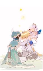  1girl 2boys aether_(genshin_impact) beret blonde_hair braid closed_eyes closed_mouth commentary english_commentary flying genshin_impact grass hat highres liya01037 long_sleeves male_focus multiple_boys on_floor open_mouth paimon_(genshin_impact) seiza sitting star_(sky) twin_braids venti_(genshin_impact) white_background white_hair yellow_eyes 