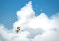  1girl 7ne1904 aircraft airplane apron black_hat black_skirt blonde_hair blue_sky bow broom broom_riding brown_shoes clouds commentary contrail english_commentary hat highres kirisame_marisa long_sleeves scenery shoes skirt sky socks solo touhou white_bow white_socks wide_shot 