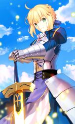  1girl absurdres ahoge armor armored_dress artoria_pendragon_(fate) blonde_hair blue_bow blue_dress blue_sky bow braid breastplate bun_with_braided_base clouds dress excalibur_(fate/stay_night) fate/stay_night fate_(series) gauntlets green_eyes hair_bow hair_bun highres holding holding_sword holding_weapon mishiro_(ixtlolton) outdoors planted planted_sword saber_(fate) sidelocks sky smile solo sword weapon 
