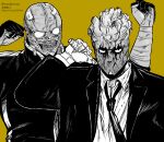  1boy 1girl bandages cheering dorohedoro drawing_sword dress_shirt formal heart_(organ) highres holding holding_sword holding_weapon looking_at_viewer loose_necktie manjarooo mask monochrome necktie noi_(dorohedoro) shin_(dorohedoro) shirt suit sword weapon 