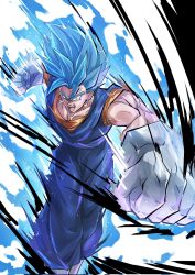  1boy aura blue_eyes blue_hair blue_pants blue_sash blue_shirtt boots clenched_hands commentary_request dougi dragon_ball dragon_ball_super earrings feet_out_of_frame gamr1p gloves highres jewelry korean_commentary male_focus motion_lines muscular muscular_male open_mouth orange_shirt pants potara_earrings punching sash shirt solo speed_lines super_saiyan super_saiyan_blue vegetto white_background white_boots white_gloves 