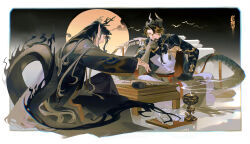  2boys arknights armpit_cutout black_cape black_coat black_hair black_pants black_tail board_game border brothers brown_hair cape chongyue_(arknights) closed_mouth clothing_cutout coat cup curtained_hair dragon_boy dragon_horns dragon_tail earrings eastern_dragon_horns eastern_dragon_tail ershisi_shao_qing full_body full_moon go_(board_game) hand_on_own_chin highres horns incense_burner indian_style jewelry long_hair long_sleeves looking_at_another male_focus moon multicolored_hair multiple_boys outside_border pants playing_chess pointy_ears red_eyes scroll shirt siblings sitting sleeveless sleeveless_shirt smoke streaked_hair tail teacup teapot tray two-sided_cape two-sided_fabric wang_(arknights) white_border white_pants white_shirt 