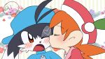  blue_headwear blush brown_hair closed_eyes flower furry furry_male kaze_no_klonoa kiss kissing_cheek klonoa koke_ojisan lolo_(klonoa) one_eye_closed open_mouth orange_eyes pink_headwear 