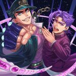  2boys alternate_color aqua_eyes aqua_hair black_hair earrings fingerless_gloves gakuran gloves grin hierophant_green jewelry kakyoin_noriaki kujo_jotaro lanxjourney long_coat male_focus multiple_boys purple_hair school_uniform shirt smile stand_(jojo) star_platinum tentacles tight tight_shirt violet_eyes 