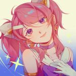  1girl absurdres artist_name bare_shoulders blush earrings gradient_background hair_ornament hand_on_own_chest head_tilt highres jewelry league_of_legends looking_at_viewer lux_(league_of_legends) parted_bangs pink_hair portrait ruan_chen_yue sailor_collar short_twintails sidelocks smile solo sparkle star_guardian_(league_of_legends) star_guardian_lux twintails violet_eyes white_sailor_collar 