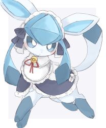  animal_focus blue_eyes blush bright_pupils closed_mouth clothed_pokemon glaceon glaceon_(tea_party) headdress highres kuzuyu no_humans pokemon pokemon_(creature) pokemon_focus pokemon_unite ribbon solo white_background white_pupils 