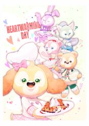  2boys 3girls absurdres animal_ears bear_boy bear_girl chef chef_hat cookieann dog_ears dog_girl duffy_and_friends duffy_the_disney_bear full_body furry gelatoni hat highres holding long_sleeves looking_at_viewer multiple_boys multiple_girls rabbit_ears rl10_02 shelliemay shirt smile standing stellalou 