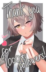  1girl 45sensei absurdres black_jacket black_nails black_necktie blush border collared_shirt commentary crossed_bangs diagonal-striped_clothes diagonal-striped_necktie english_commentary english_text film_grain girls'_frontline_2:_exilium girls_frontline grey_background grey_hair hair_between_eyes heart highres jacket leva_(girls'_frontline_2) looking_at_viewer medium_hair nail_polish necktie official_alternate_costume official_alternate_hairstyle one_eye_closed open_clothes open_jacket outside_border parted_lips pointing pointing_at_viewer scar scar_across_eye scar_on_face shirt sidelocks simple_background solo sound_effects striped_clothes twitter_username ump45_(girls'_frontline) upper_body white_border white_shirt yellow_necktie 