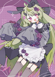  1girl :d absurdres ahoge animal_ears apron artist_name back_bow black_bow black_flower black_shorts blush bow bowtie colored_tips commentary_request cowboy_shot dot_nose dutch_angle flower frilled_apron frills garter_straps gradient_hair green_hair grey_shirt grey_thighhighs hair_between_eyes hair_bow hair_flower hair_ornament hands_up head_tilt highres huge_bow jitome komerina leaning leaning_to_the_side long_hair long_sleeves looking_at_viewer maid maid_apron messy_hair multicolored_hair no_pupils open_mouth original parted_bangs pink_eyes pink_flower pink_hair puffy_long_sleeves puffy_sleeves purple_background purple_flower raised_eyebrows sea_slug_ears sea_slug_girl shirt short_shorts shorts sidelocks sleeves_past_fingers sleeves_past_wrists smile solo standing star_(symbol) thigh-highs unconventional_maid very_long_hair waist_apron white_apron white_bow white_bowtie 