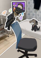  1girl 2boys aeng-du_(project_moon) animalization bamboo-hatted_kim bandaged_arm bandages beak bird black_coat blank_speech_bubble blue_eyes chair closed_eyes coat collared_shirt dog fur-trimmed_coat fur_trim gold_trim hairband hat heart heart_hands highres lapels limbus_company long_hair mechanical_arms mechanical_wings multiple_boys necktie notched_lapels on_bed parrot photo-referenced project_moon red_hairband red_necktie shirt shoggoth_(sirens20211) sitting speech_bubble television the_time_ripper_(project_moon) tongue tongue_out top_hat v-shaped_eyebrows white_shirt white_trim wings 