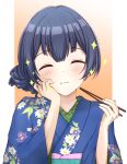  1girl absurdres black_hair blue_kimono blush chopsticks closed_mouth dot_nose eating floral_print gradient_background hair_between_eyes hair_bun hand_on_own_face happy highres holding holding_chopsticks idolmaster idolmaster_shiny_colors japanese_clothes kimono long_sleeves looking_at_viewer morino_rinze obi obiage orange_background sash short_hair simple_background smile solo sparkle zerox_ilst 