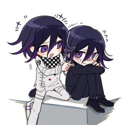  2boys bandaid bandaid_on_face bandaid_on_nose black_hair blush_stickers buttons checkered_clothes checkered_scarf commentary_request danganronpa_(series) danganronpa_v3:_killing_harmony deformed dual_persona flipped_hair gakuran hair_between_eyes hugging_own_legs jacket kneeling knees_up long_sleeves male_focus medium_hair multicolored_buttons multiple_boys oma_kokichi open_mouth pants poking purple_hair ringed_eyes scarf school_uniform short_hair simple_background sitting sweatdrop teardrop thigh_strap tujiang6 two-tone_scarf violet_eyes white_background 