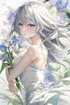  1girl absurdres aibek bare_shoulders blue_eyes blue_flower blue_rose bouquet breasts dress flower from_side highres holding holding_bouquet lily_(flower) long_hair looking_at_viewer medium_breasts original parted_lips rose sleeveless sleeveless_dress solo spaghetti_strap upper_body very_long_hair white_dress white_hair 