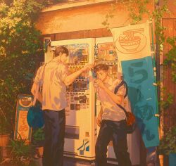  2boys artist_name bag black_pants brown_hair can commentary_request drinking highres holding holding_can looking_at_another male_focus menu_board mitsui_hisashi miyagi_ryouta multiple_boys outdoors pants plant polo_shirt potted_plant shadow shirt short_hair shoulder_bag slam_dunk_(series) standing sweat undercut untabunta vending_machine white_shirt 