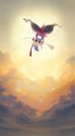  closed_mouth clouds commentary_request floette floette_(eternal) flower from_below half-closed_eyes highres holding holding_flower looking_down naoki_eguchi no_humans outdoors pokemon pokemon_(creature) sky smile twilight 