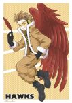  1boy absurdres artist_name black_footwear black_gloves boku_no_hero_academia boots brown_coat brown_hair brown_pants character_name coat facial_hair feathered_wings feathers full_body fur_trim gloves hand_in_pocket hawks_(boku_no_hero_academia) headphones highres holding holding_feather male_focus pants short_hair solo stubble wheather wings yellow_background 