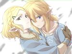  blonde_hair blue_eyes blue_tunic blue_vest braid crown_braid earrings fingerless_gloves gloves green_eyes hair_ornament hairclip hug jewelry light_brown_hair link looking_at_viewer parted_lips pointy_ears princess_zelda_(botw) short_hair short_ponytail sidelocks the_legend_of_zelda the_legend_of_zelda:_breath_of_the_wild the_legend_of_zelda:_tears_of_the_kingdom tomonoprints1 vest 