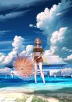  1girl absurdres bikini bikini_skirt binoculars blonde_hair clouds cumulonimbus_cloud green_eyes highres holding holding_binoculars ocean original scenery shuu_illust sky solo summer swimsuit umbrella wading whistle 