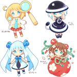  4girls aikei_ake bare_arms black_dress black_footwear black_headwear black_socks blonde_hair blue_eyes blue_hair blue_necktie blue_ribbon blush brown_hair bun_cover candy candy_wrapper chibi closed_mouth commentary_request double_bun dress flower food hair_bun hair_flower hair_ornament hair_ribbon hands_on_headwear hands_up hat highres holding jacket kneehighs lollipop long_hair looking_at_viewer magnifying_glass multiple_girls neck_ribbon necktie open_clothes open_jacket original parted_lips personification pleated_skirt pouch red_skirt red_socks ribbon shoes sidelocks simple_background skirt sleeveless sleeveless_dress smile socks standing star_(symbol) stuffed_animal stuffed_rabbit stuffed_toy sweater swirl_lollipop translation_request turtleneck turtleneck_sweater twintails very_long_hair white_background white_dress white_flower white_footwear white_hair white_jacket yellow_footwear yellow_sweater 