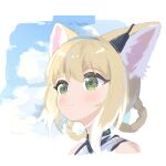  1girl animal_ears arknights bare_shoulders black_collar blonde_hair blue_hairband blush braid closed_mouth collar commentary earpiece film_grain fox_ears fox_girl green_eyes hairband highres infection_monitor_(arknights) kattowu looking_to_the_side multicolored_hair portrait solo suzuran_(arknights) two-tone_hair white_hair 