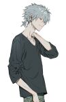  1boy black_shirt closed_mouth facing_to_the_side grey_hair grey_pants highres long_sleeves low_ponytail male_focus nagisa_kaworu neon_genesis_evangelion pants quwo red_eyes shirt short_hair short_ponytail solo white_background 