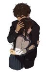  1boy 1girl black_jacket black_pants black_sailor_collar black_skirt brown_hair chitanda_eru hair_between_eyes hand_up highres hug hyouka jacket long_hair long_sleeves mery_(yangmalgage) neckerchief oreki_houtarou pants pleated_skirt sailor_collar shirt short_hair skirt white_shirt 